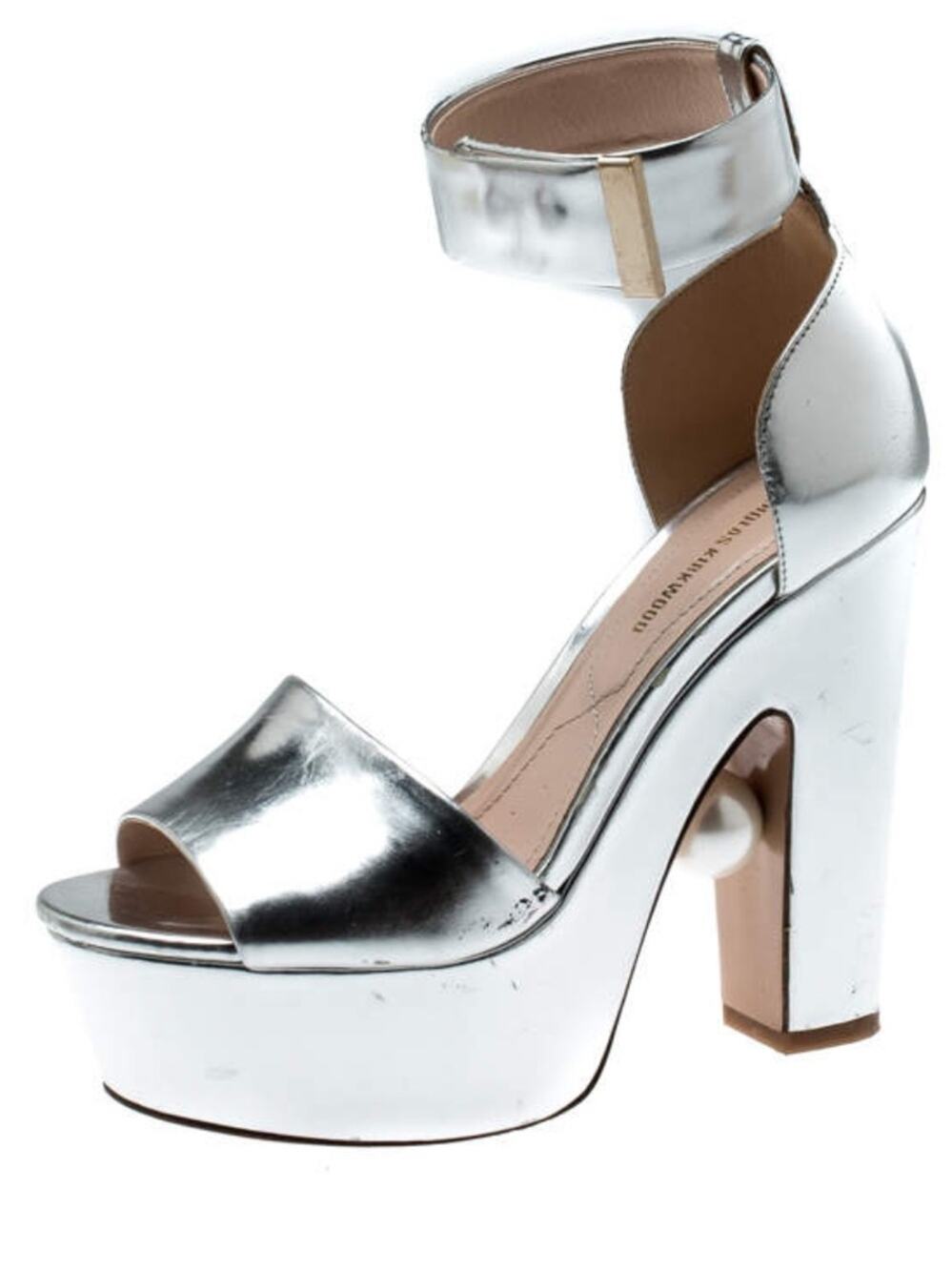 Nicholas Kirkwood Metallic Silver Leather Platform Sandals Faux Pearl 37 6.5